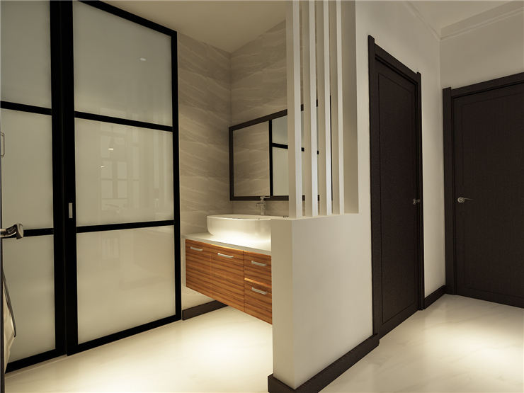 鐵西美的時(shí)代城109㎡戶型衛(wèi)生間洗手臺外移裝修案例